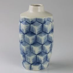 Keramikvase Mit Rautenmuster, Blau-weiß, 8 X 9 X H 17 Cm