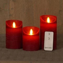 3er-Set LED-Echtwachskerze, Magic Flame, Weinrot, Fernbedienung, Batterie