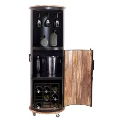 IRON Bar Auf Rollen Für 9 Flaschen, Mangoholz, Ca. 57 X 57 X H 165 Cm -Pflanzen Paradies Verkauf 3980100387 IRON Bar auf Rollen mit Tuer Glashalter 9Flaschen 1 86949